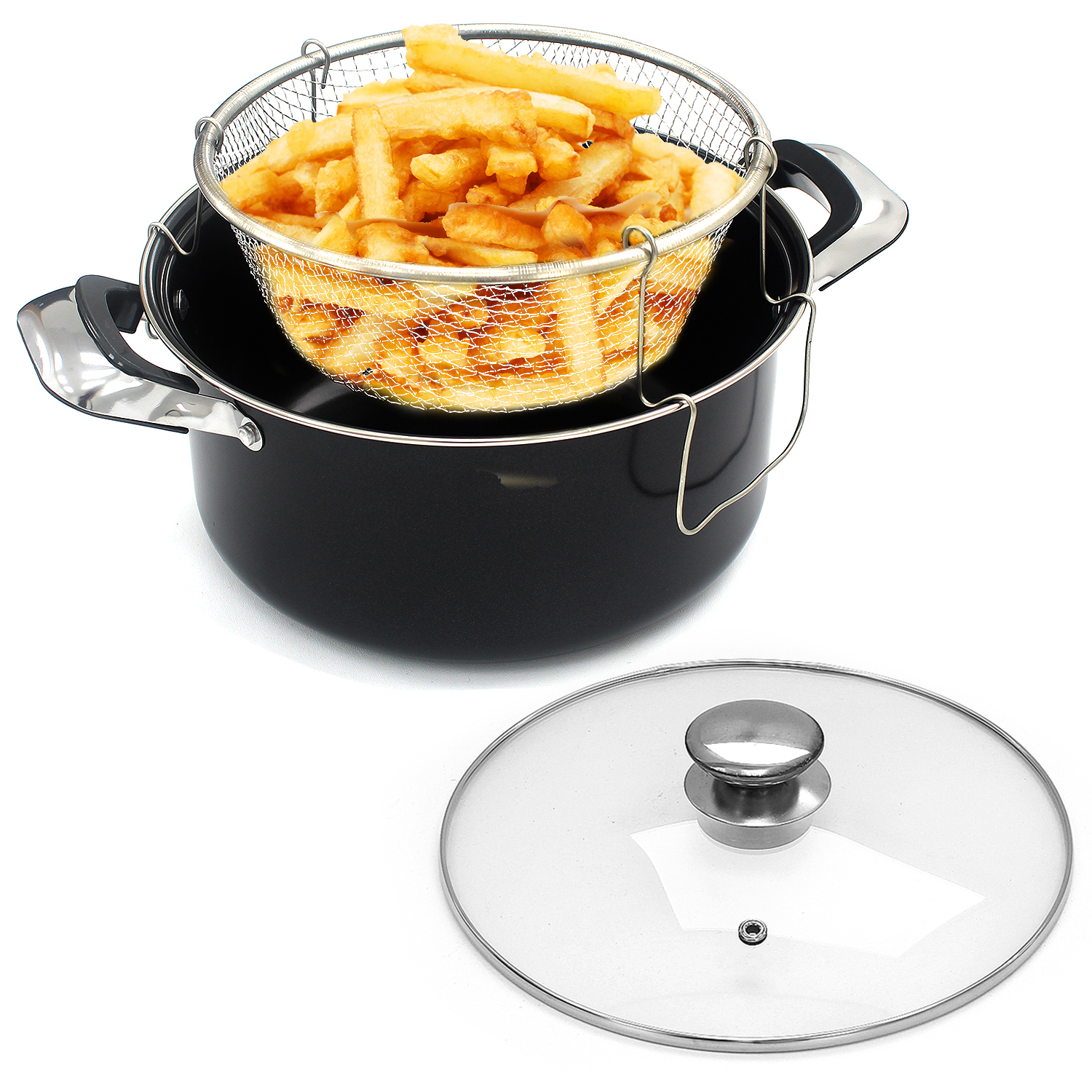 Chip Pan 24cm Deep Fat Fryer Non Stick Casserole Pot Fry Glass Lid