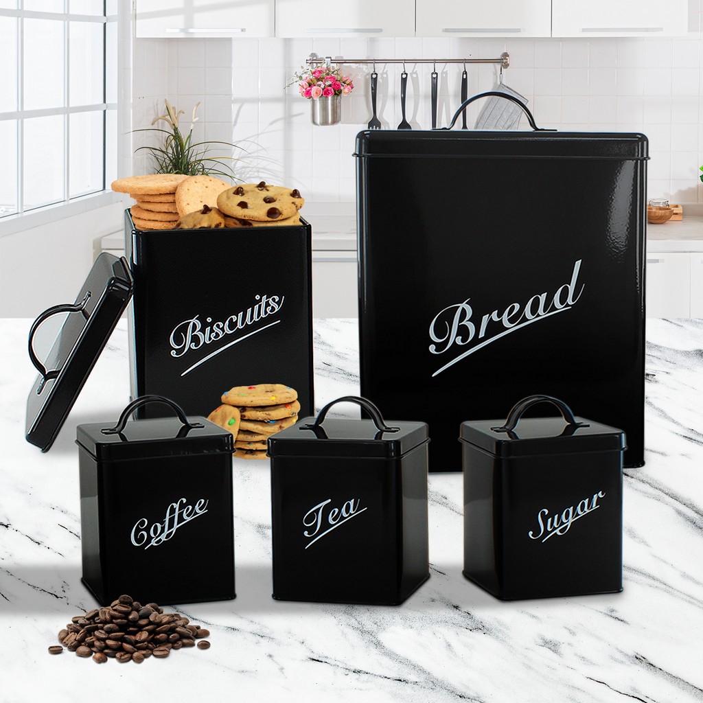 Metal Bread Bin 5 Piece Tea Coffee Sugar Biscuit Canister Containers