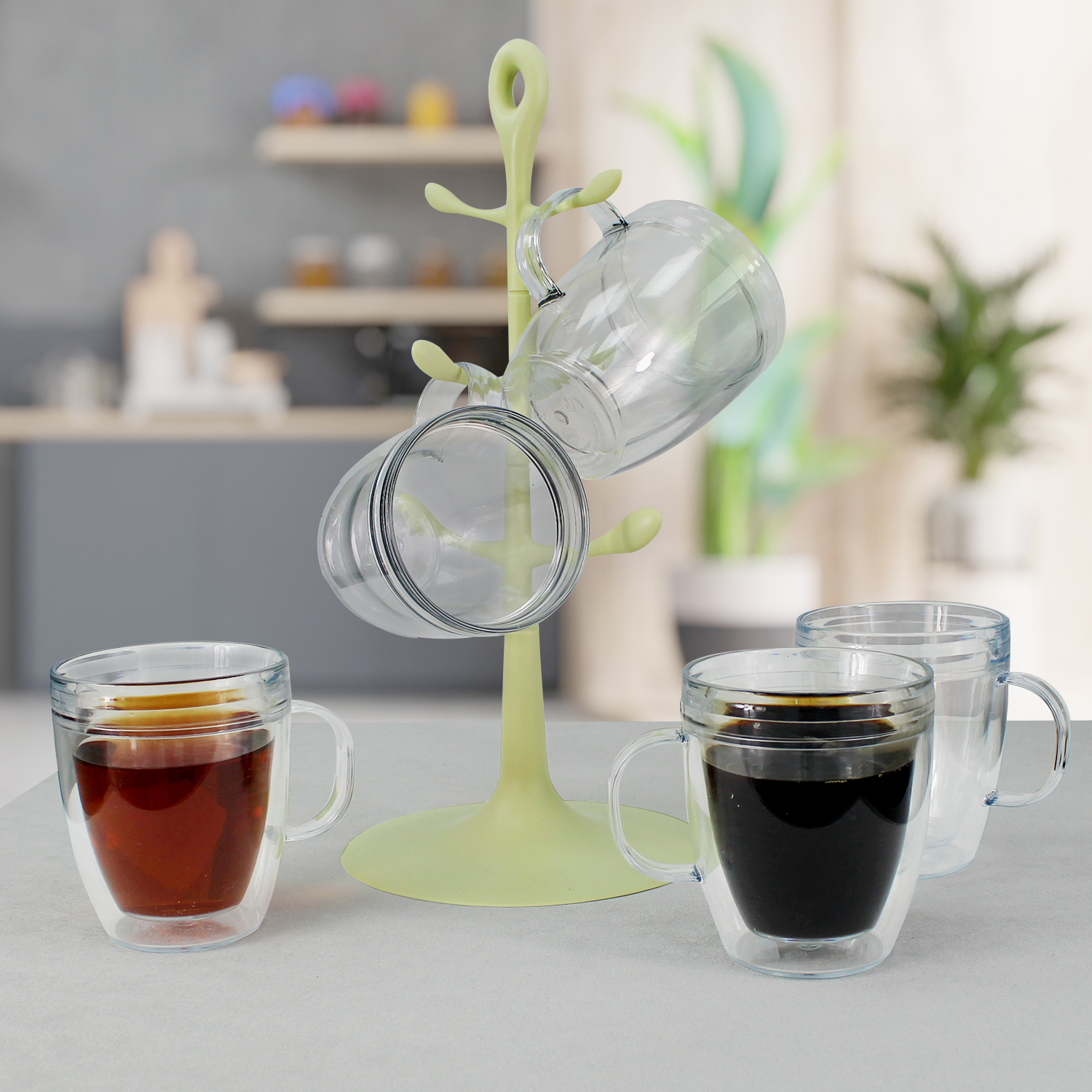 Bodum 6 Double Wall Cups Hot Coffee Tea Insulated Mug Tree Stand Storage  Holder